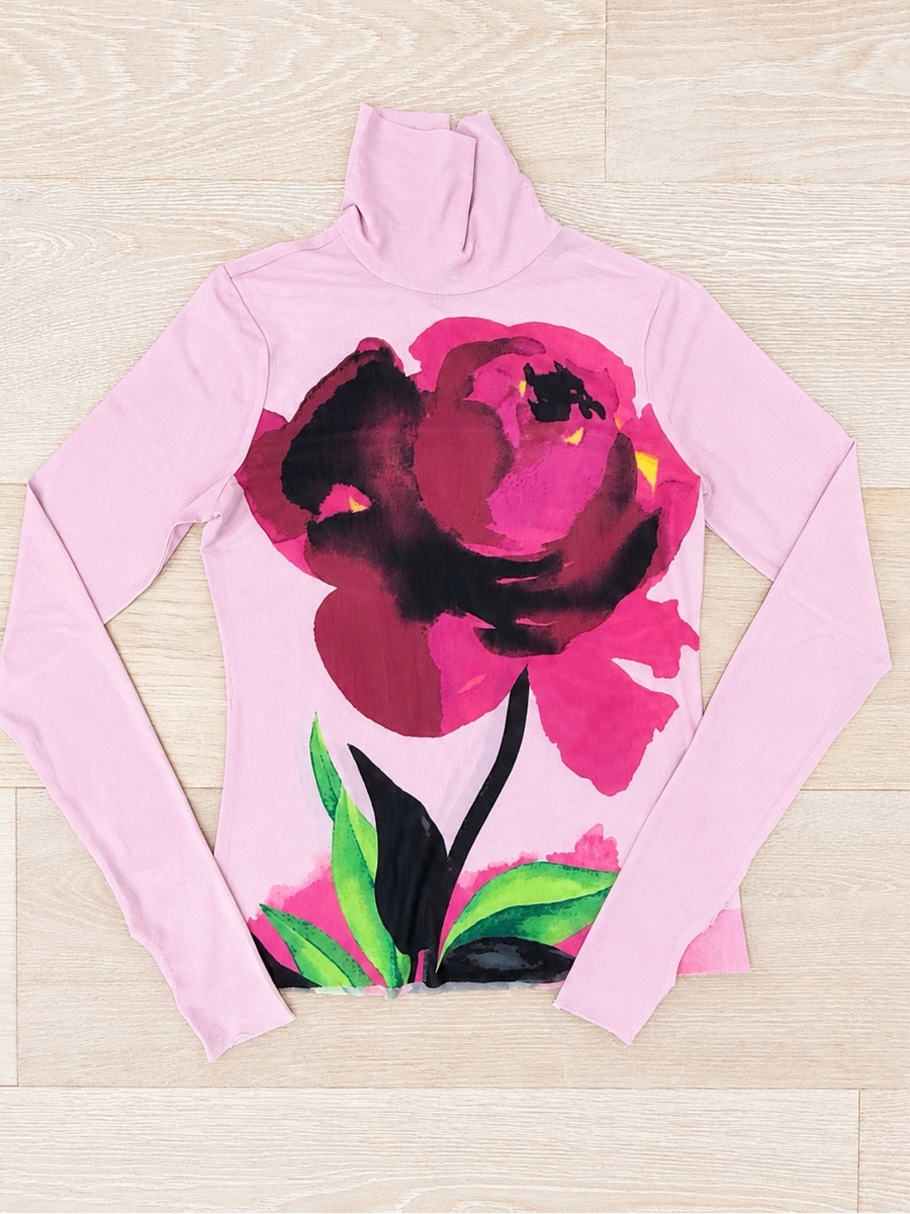 Women's Pink Turtleneck Floral Print Top